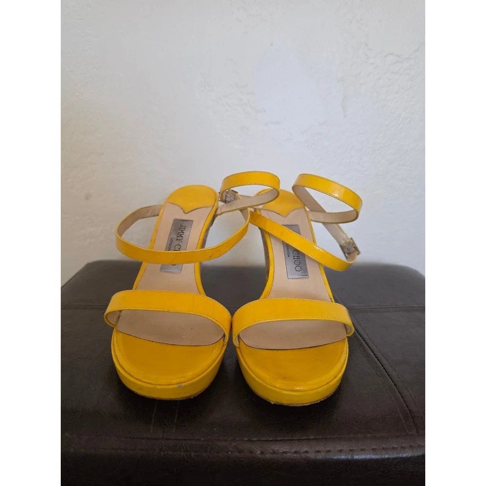 Jimmy Choo Yellow Patent Leather Maximalist Cork Wedge Gold Sandals 38 US 7.5